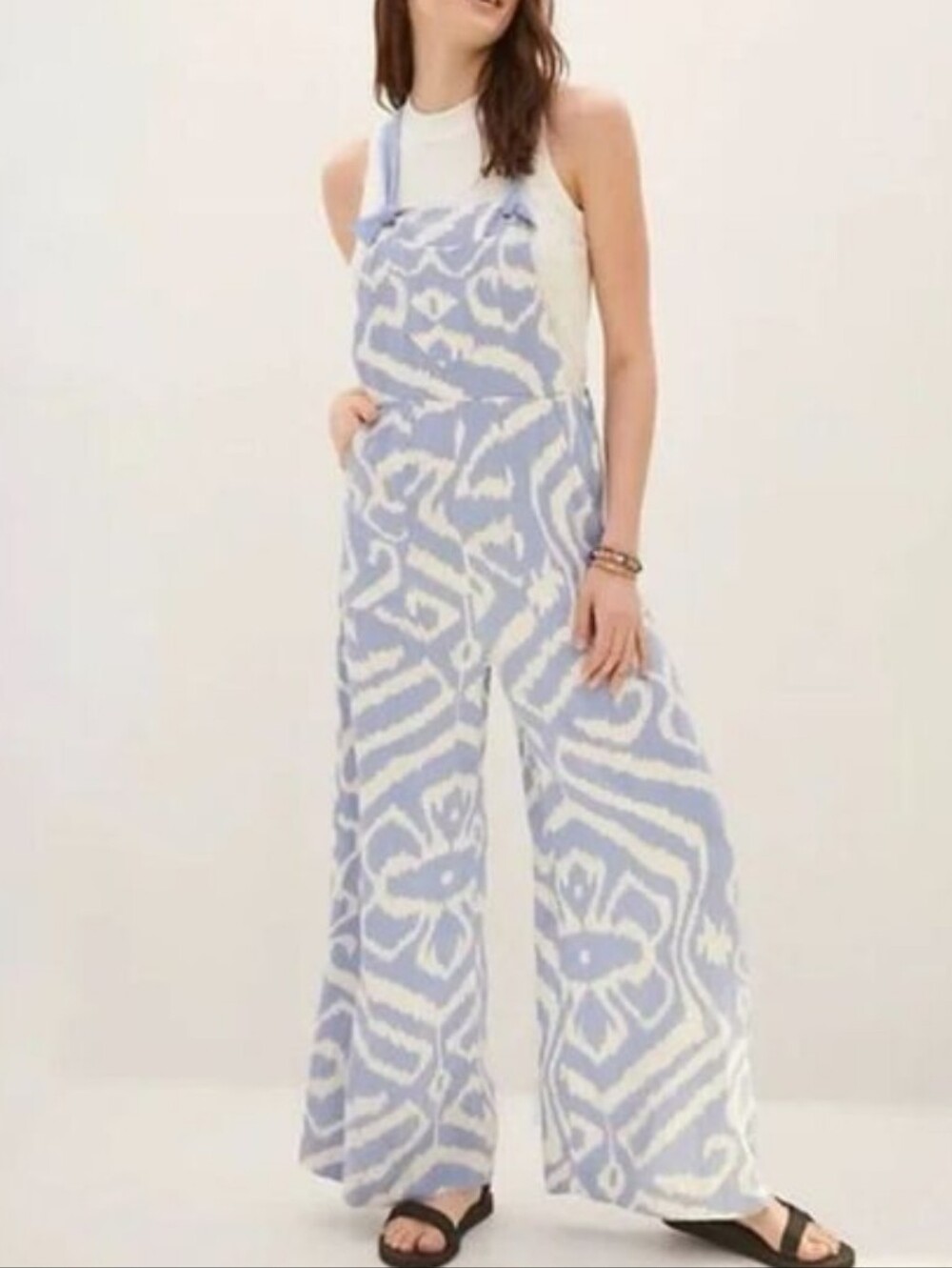 Constance Wide Leg Linen Blend Overalls Oversized Size Small Blue White
